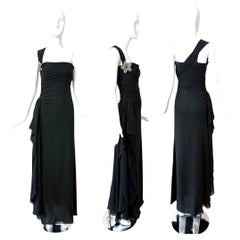 VALENTINO 2005 Vintage Runway Black Evening Gown w. Crystal Brooch Maxi Dress