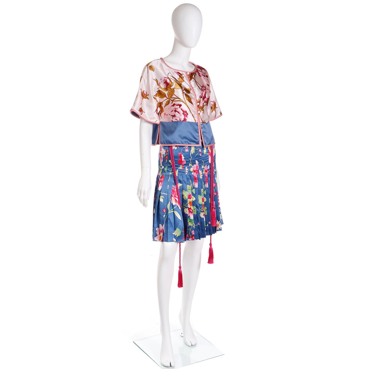 Gray Valentino 2006 Blue & Pink Floral Silk Skirt and Top Runway Outfit w Beaded Belt