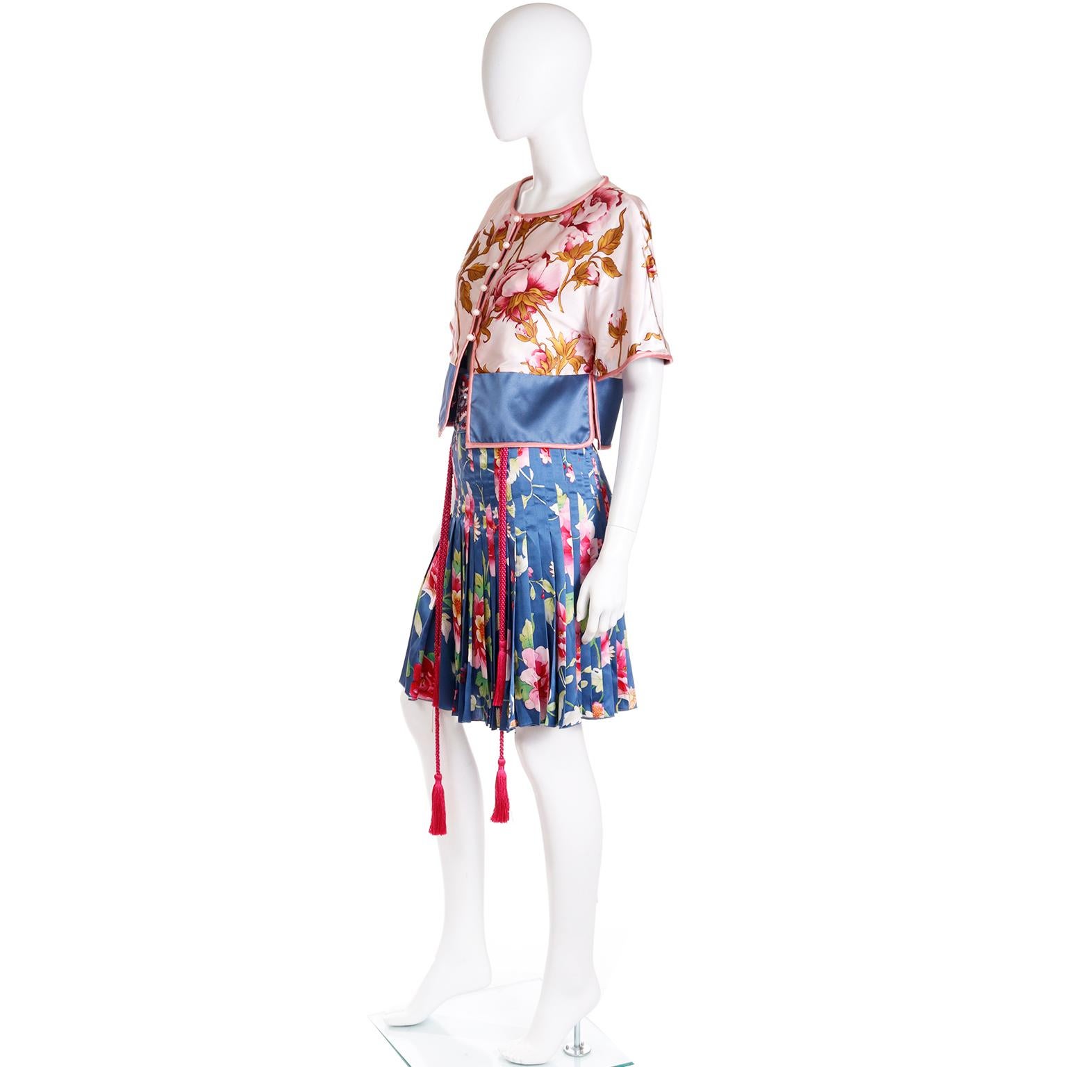 Women's Valentino 2006 Blue & Pink Floral Silk Skirt and Top Runway Outfit w Beaded Belt