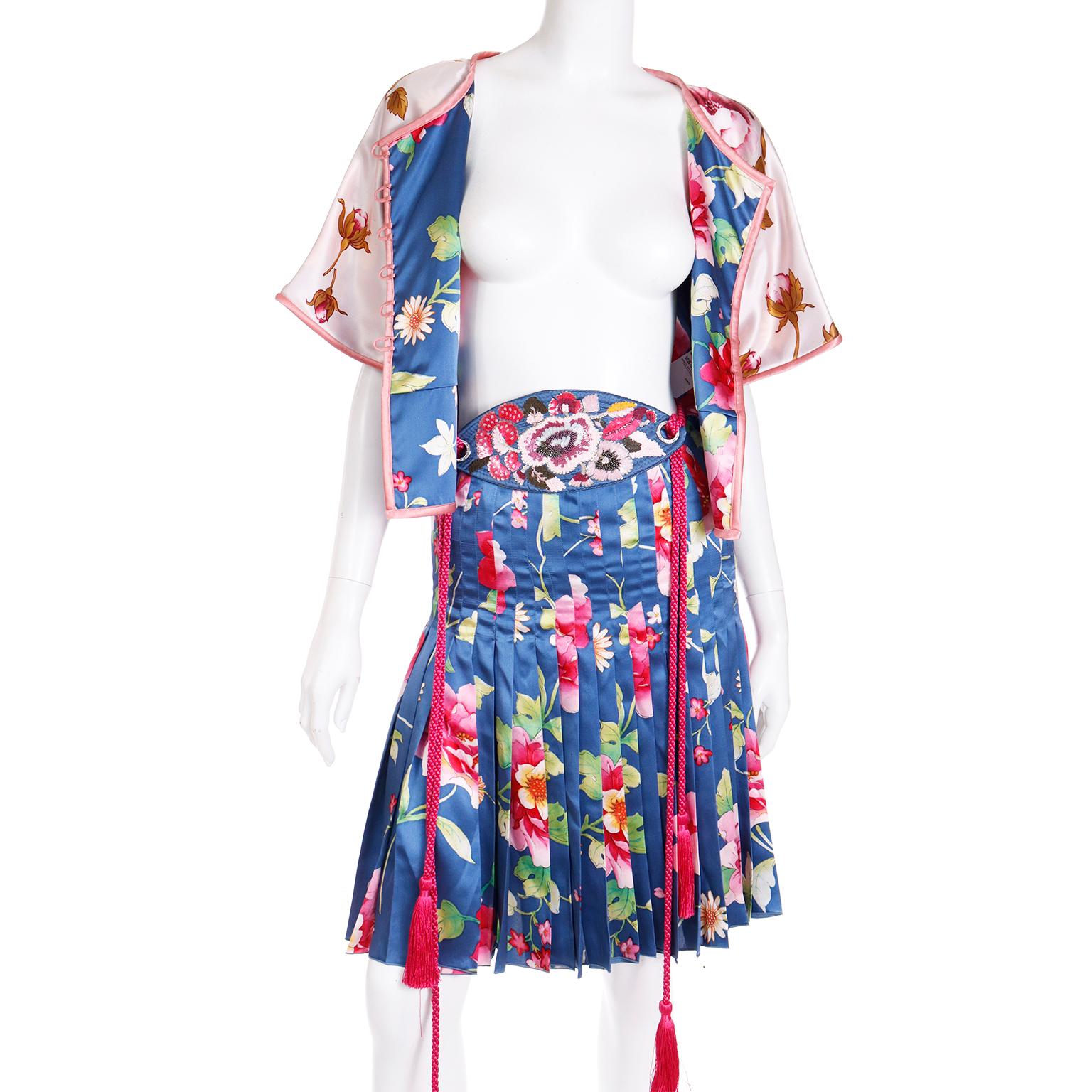 Valentino 2006 Blue & Pink Floral Silk Skirt and Top Runway Outfit w Beaded Belt 1