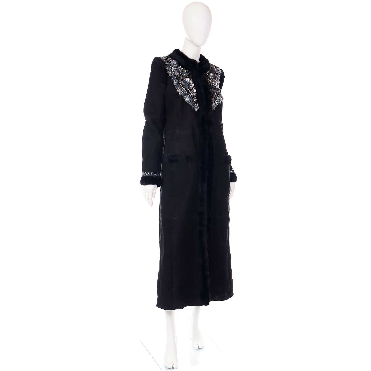 Valentino 2007 Beaded Applique Black Sheepskin Runway Coat w Mink Lining & Trim In Excellent Condition For Sale In Portland, OR