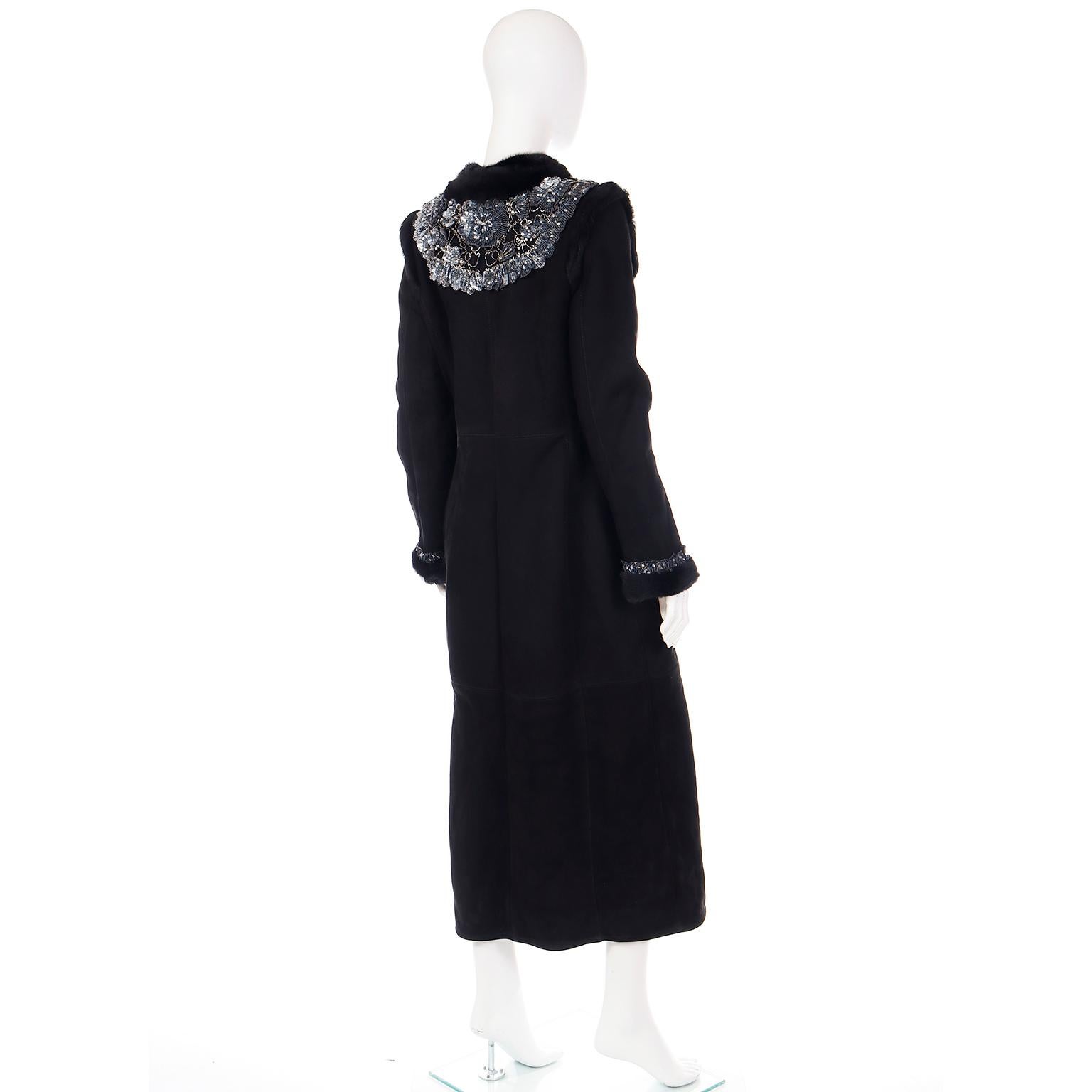 Women's Valentino 2007 Beaded Applique Black Sheepskin Runway Coat w Mink Lining & Trim For Sale