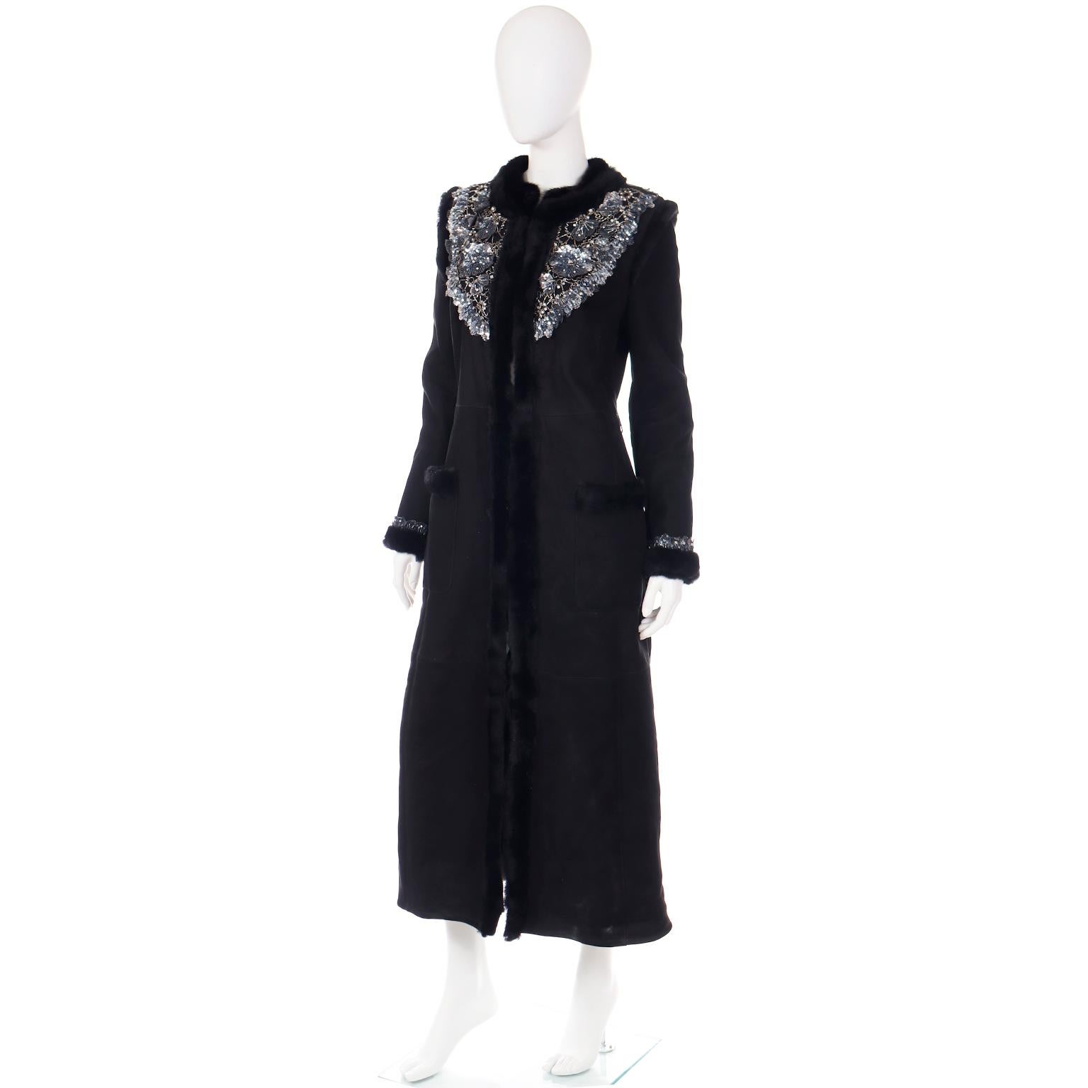 Valentino 2007 Beaded Applique Black Sheepskin Runway Coat w Mink Lining & Trim For Sale 4