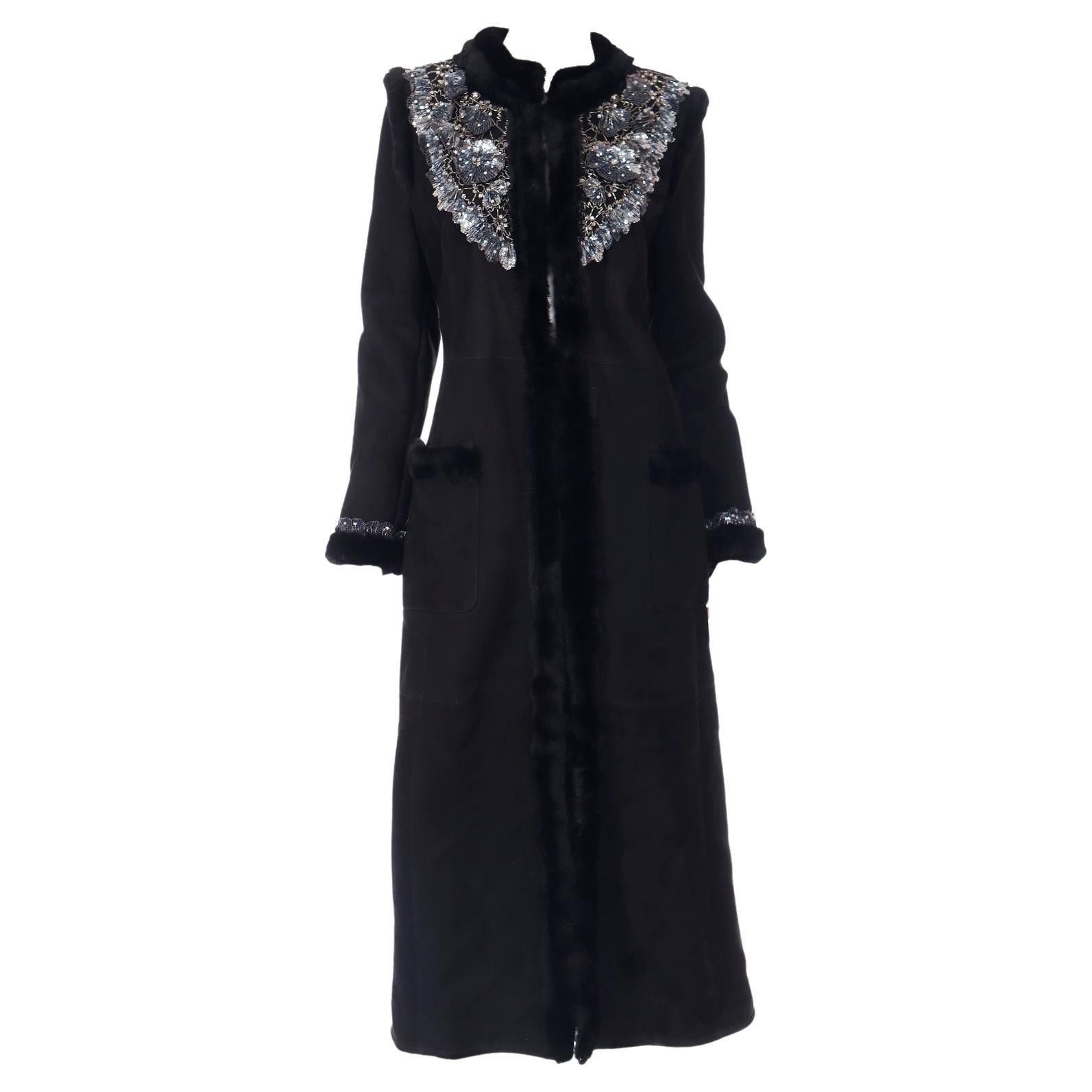 Valentino 2007 Beaded Applique Black Sheepskin Runway Coat w Mink Lining & Trim For Sale