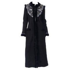 Retro Valentino 2007 Beaded Applique Black Sheepskin Runway Coat w Mink Lining & Trim