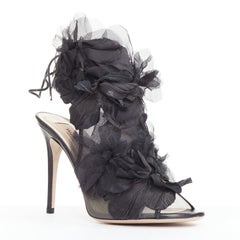 VALENTINO 2010 Runway floral fabric petal organza peep toe lace up booties EU37