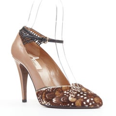 VALENTINO 2011 Runway brown feather print pony hair ankle strap pumps EU37