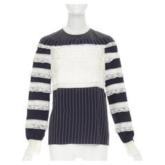 VALENTINO 2015 cream 100% silk pinstripe overstitch floral lace panelled top