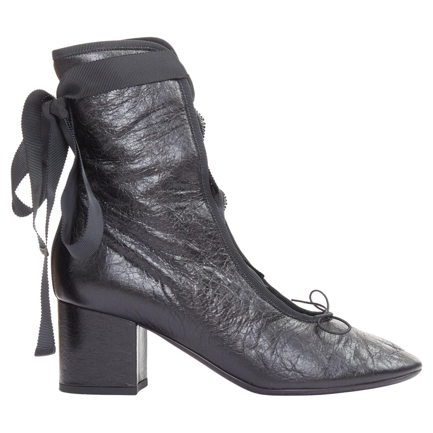 Valentino 2016 Runway noir cuir froissé ruban dentelle ballet booties EU37.5