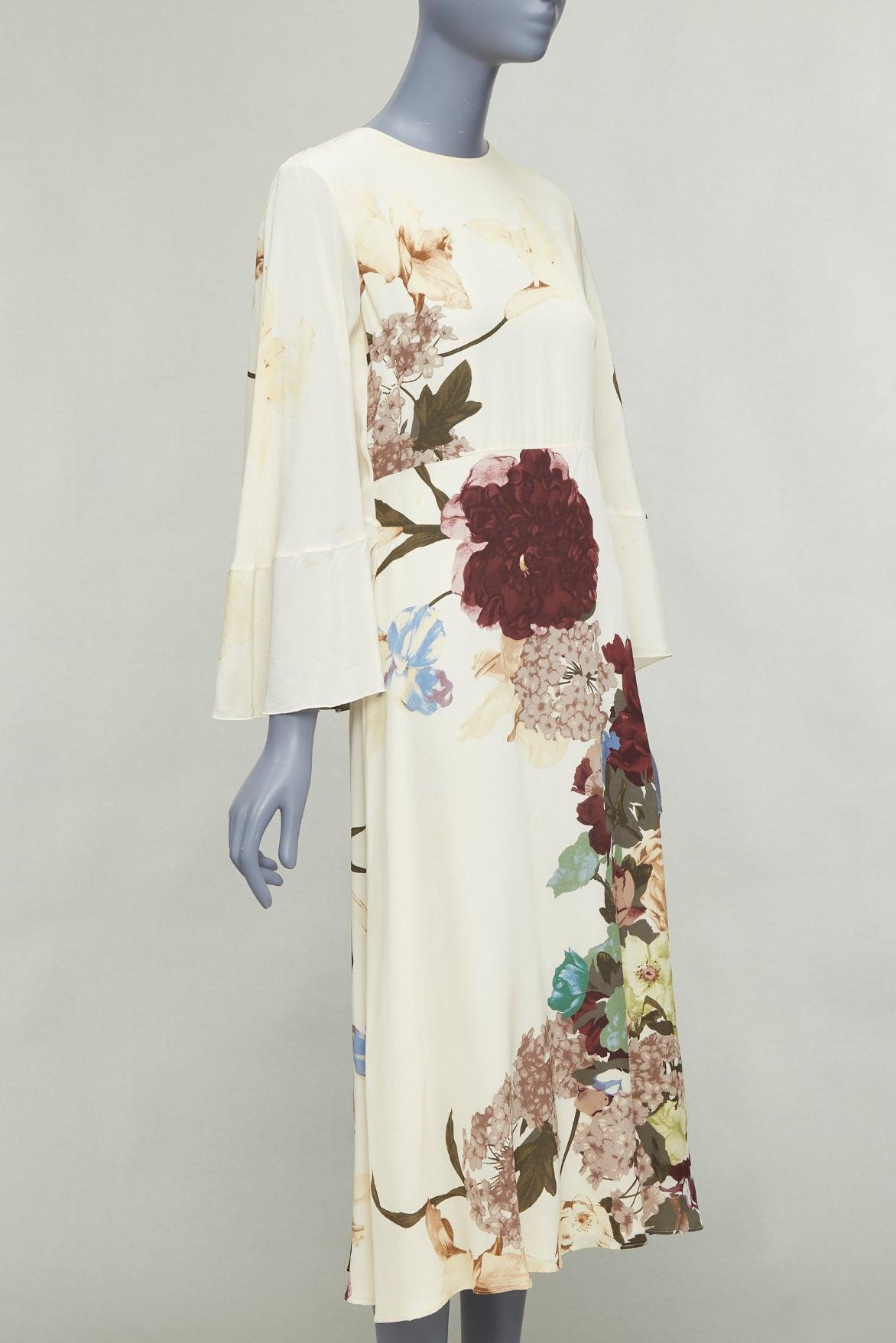 Beige VALENTINO 2016 Runway - Robe à manches à volants et cape arrière imprimé floral crème en vente