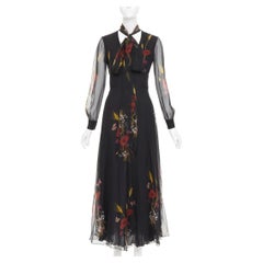 VALENTINO 2019 100% silk black Poppy Meadow chiffon tie neck midi dress IT40 S