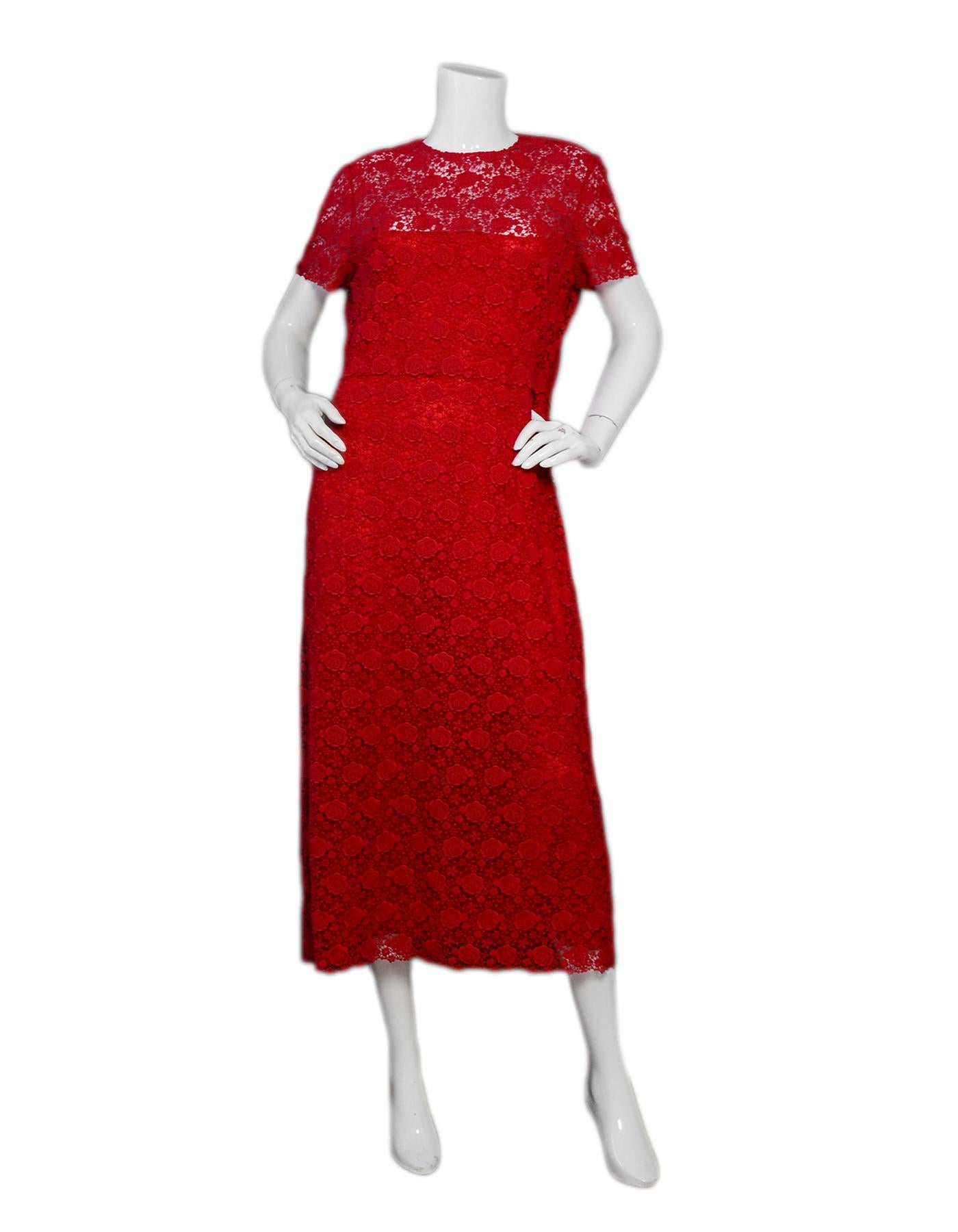 Valentino 2019 Red Floral Lace Midi Dress sz 12

Made In: Italy
Year of Production: 2019
Color: Red
Materials: 89% cotton, 11% polyester. Combo: 100% polyamide
Lining: 91% silk, 9% elastane
Opening/Closure: Back hiden zip
Overall Condition: