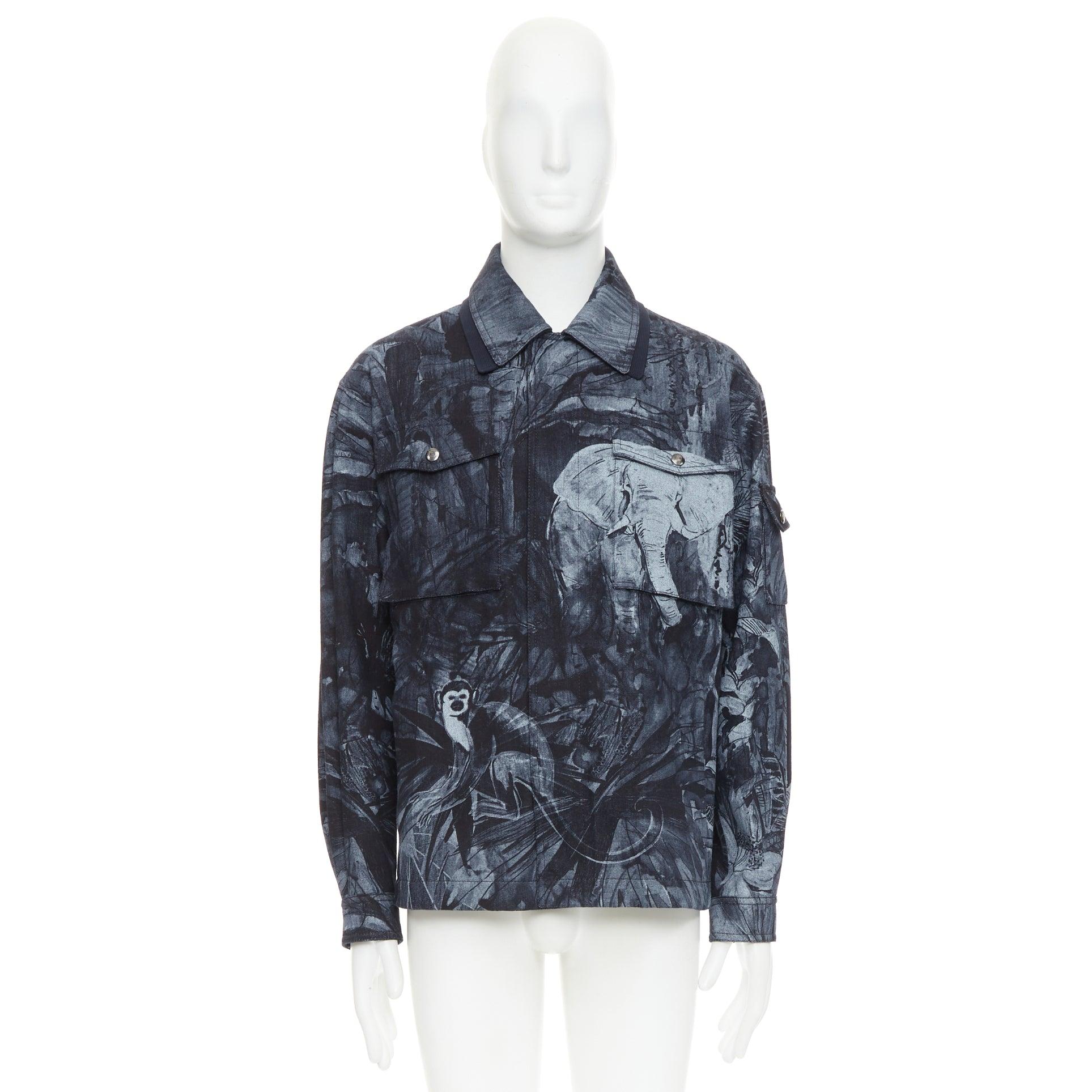 VALENTINO 2020 forest animal elephant monkey printed denim safari jacket IT48 M For Sale 6
