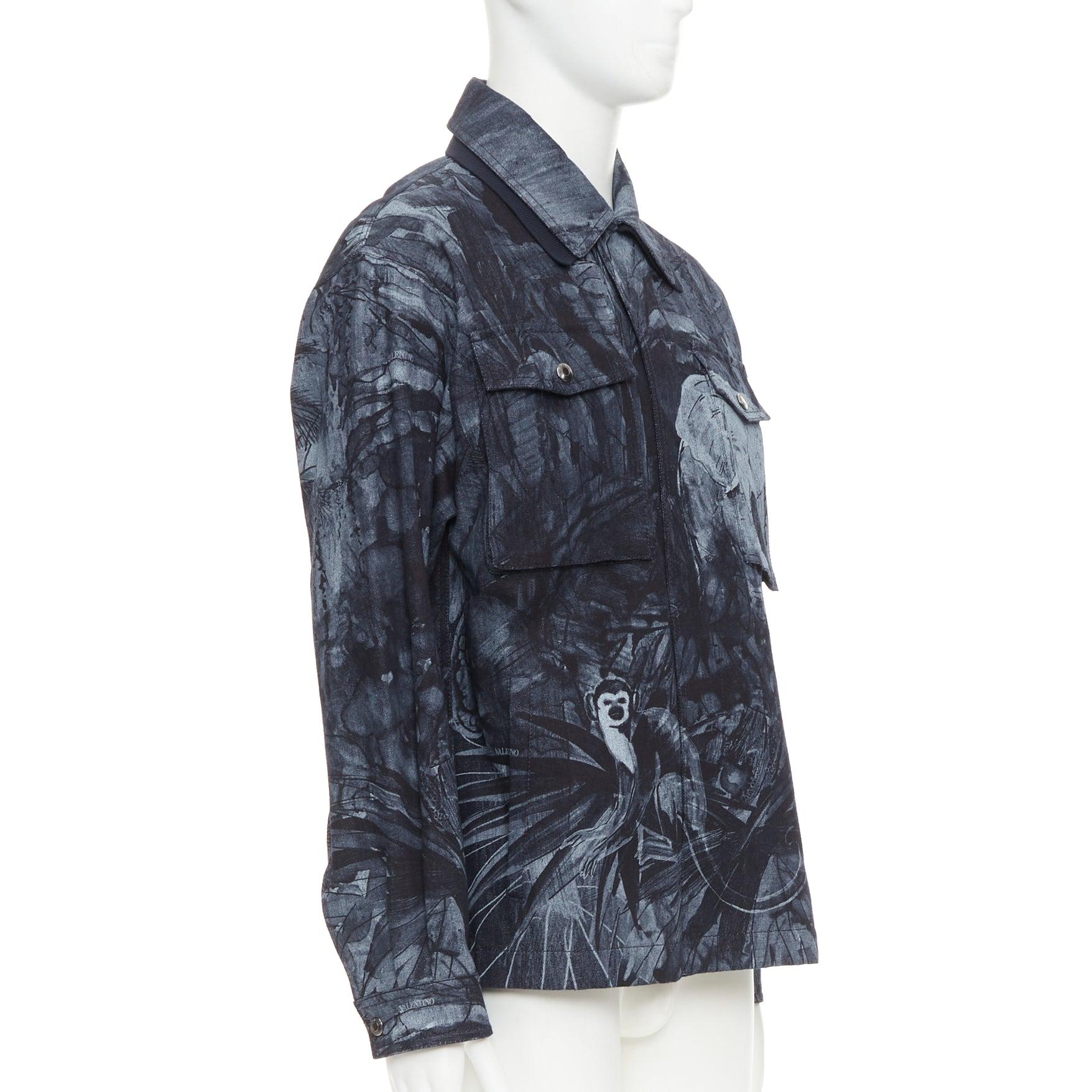 Black VALENTINO 2020 forest animal elephant monkey printed denim safari jacket IT48 M For Sale