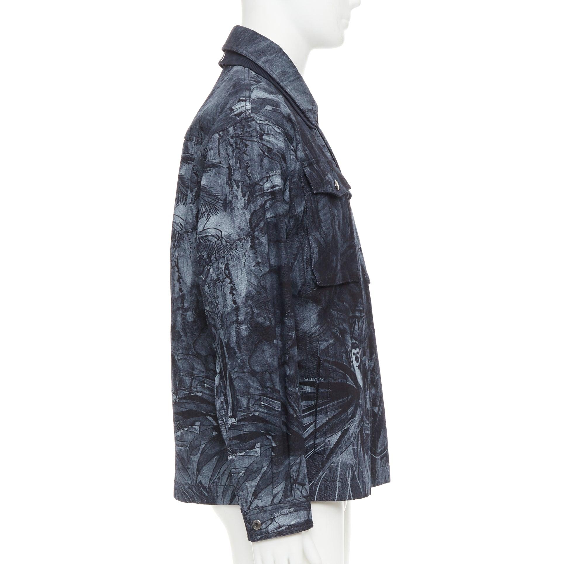 Men's VALENTINO 2020 forest animal elephant monkey printed denim safari jacket IT48 M For Sale