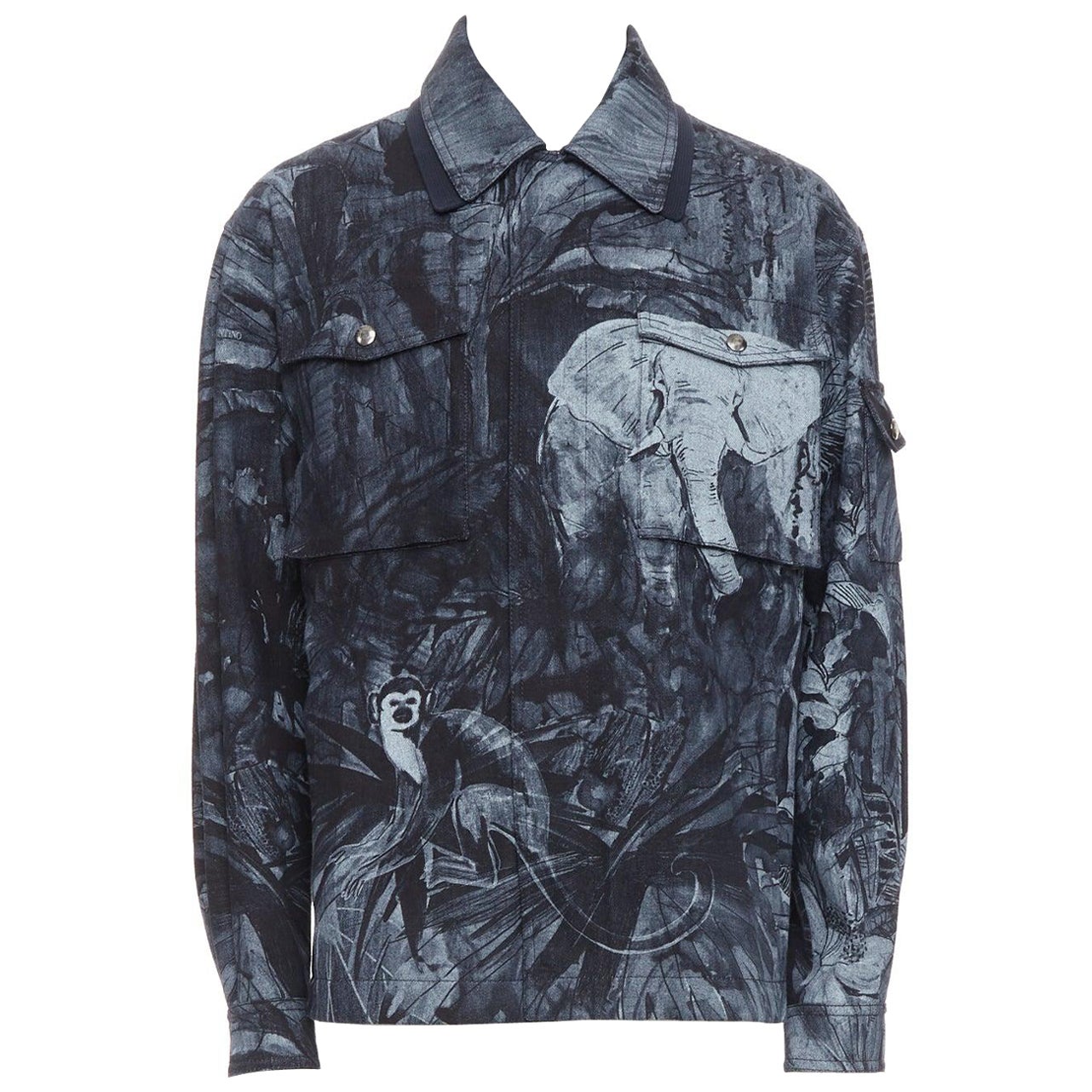 VALENTINO 2020 forest animal elephant monkey printed denim safari jacket IT48 M For Sale