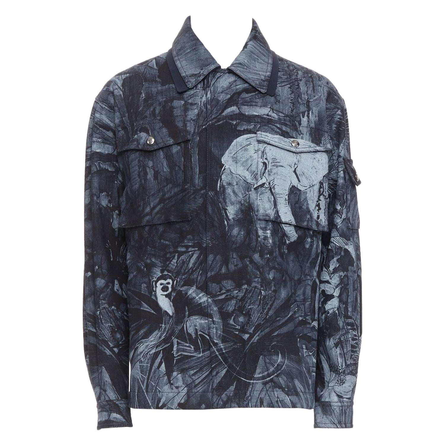 Valentino 2020 foresta animale elefante scimmia stampato denim safari giacca IT48 M. in vendita