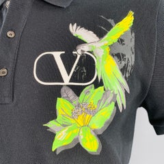 VALENTINO 2020 Size L Black Green Yellow Parrot Graphic Cotton Buttoned Polo