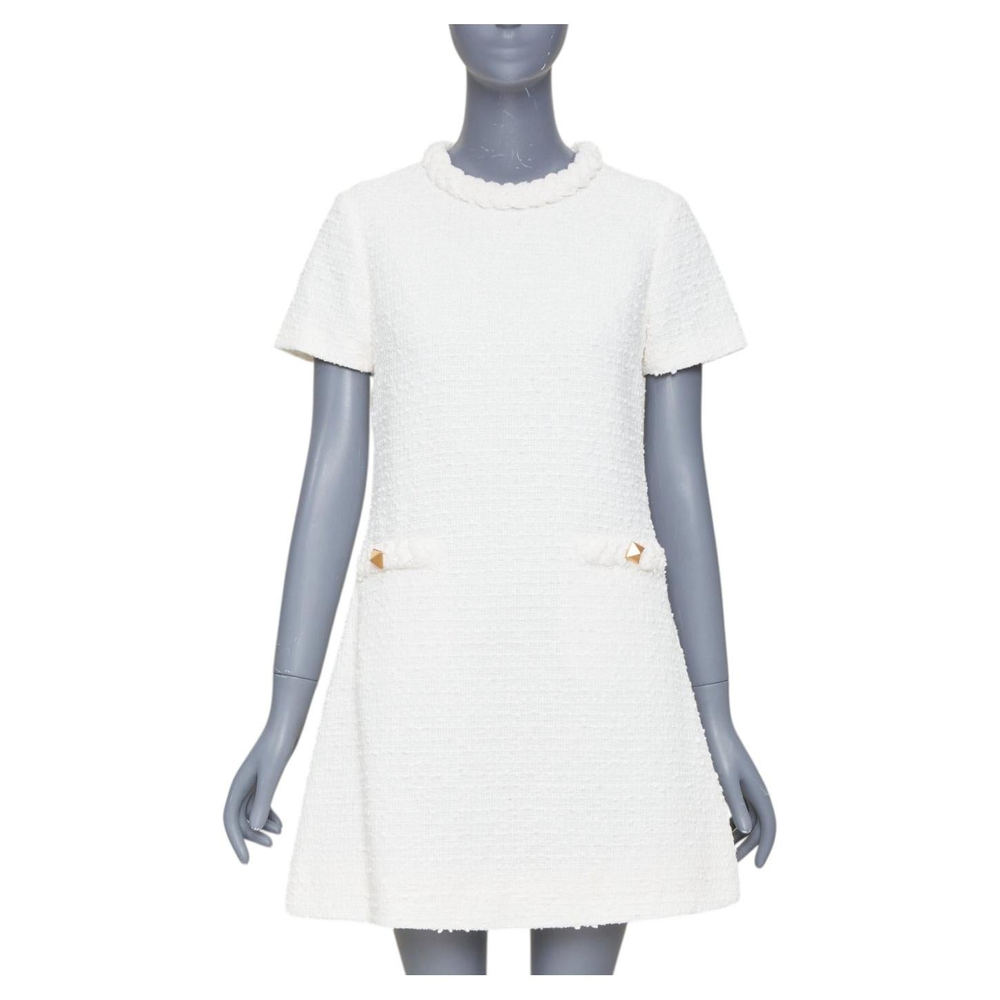 VALENTINO 2021 Roman Stud optical white cotton tweed short sleeve dress IT40 S For Sale