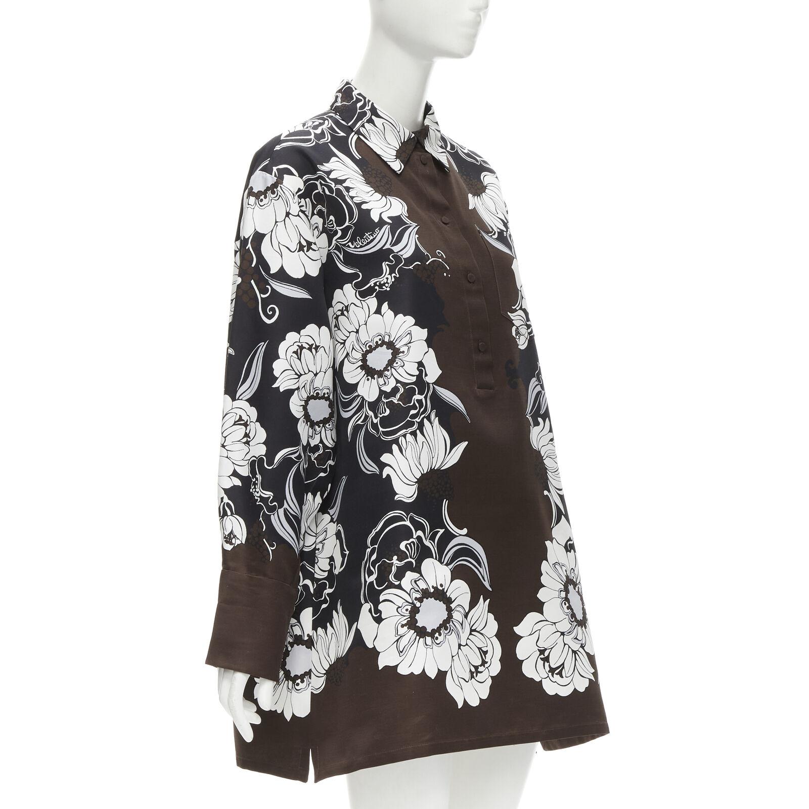 Women's VALENTINO 2021 Runway brown oversized floral cotton silk faille shirt dress IT36