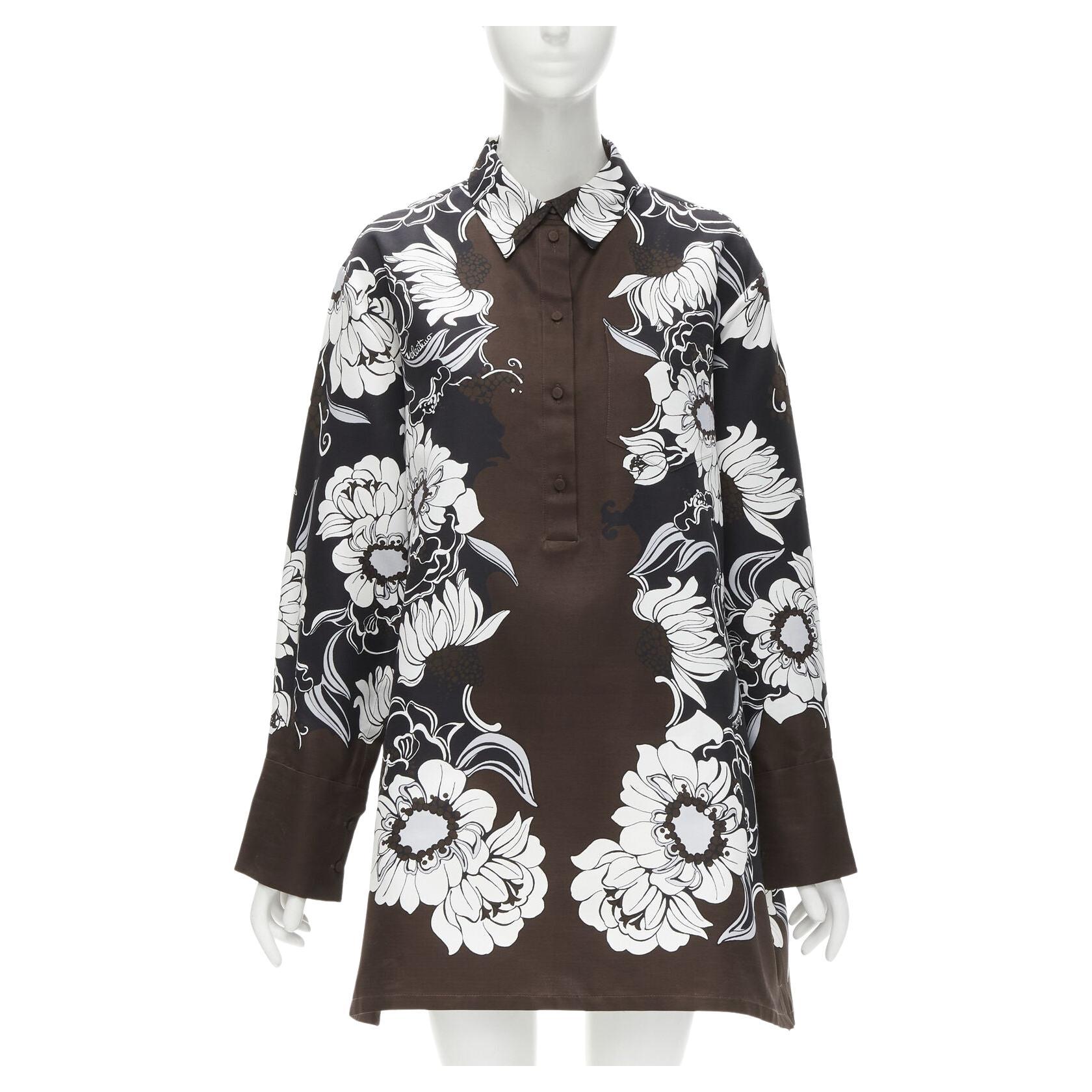 VALENTINO 2021 Runway brown oversized floral cotton silk faille shirt dress IT36 For Sale