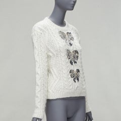 VALENTINO 2021 silver beads sequins bow white lurex cable knit sweater XS