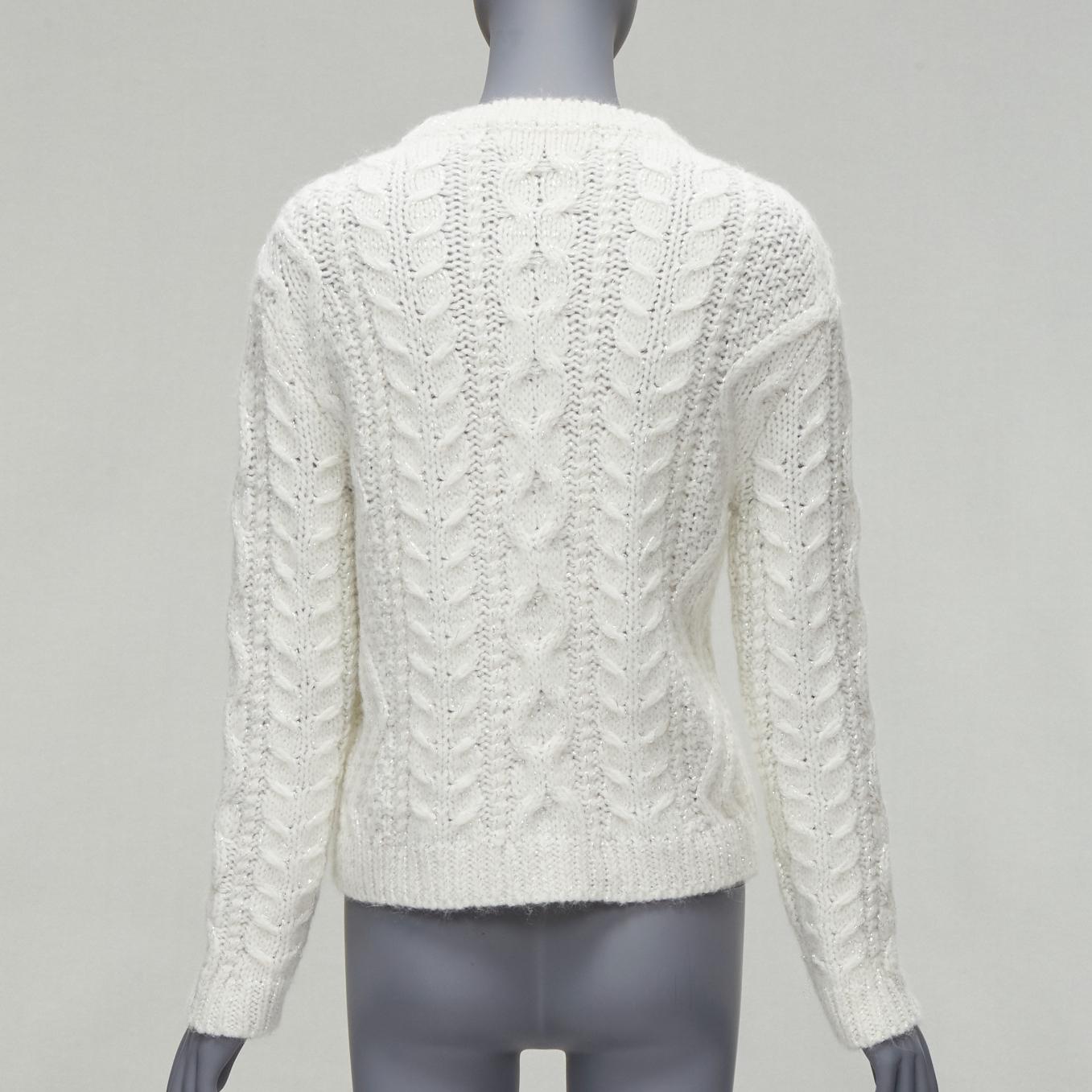 Women's VALENTINO 2021 silver beads sequins bow white lurex cable knit sweater XS For Sale