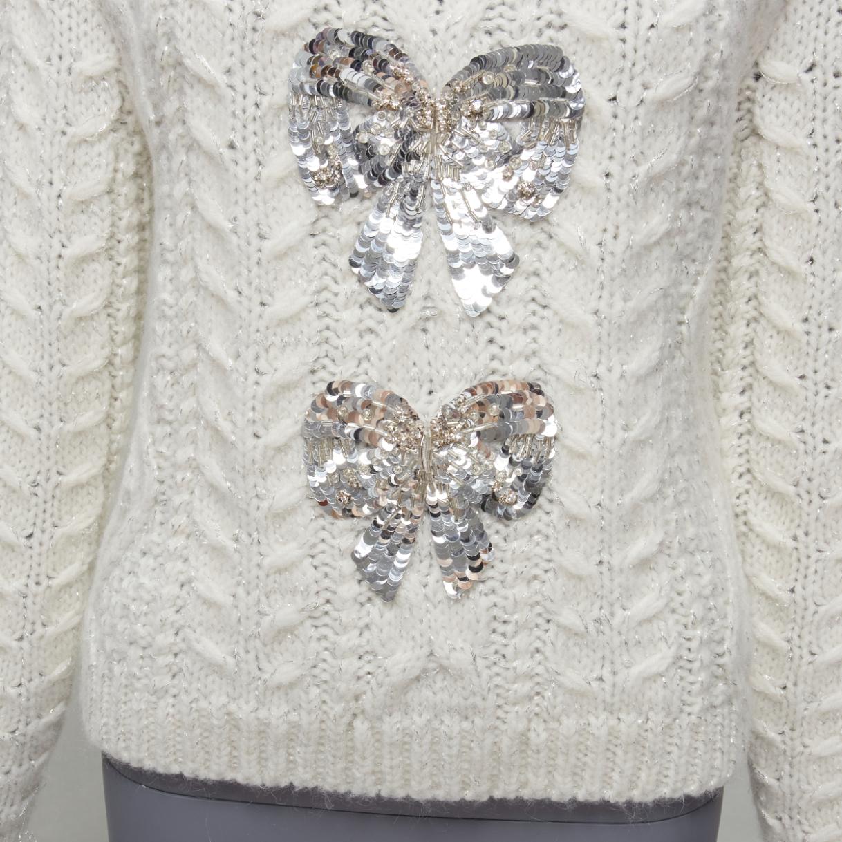 VALENTINO 2021 silver beads sequins bow white lurex cable knit sweater XS For Sale 4