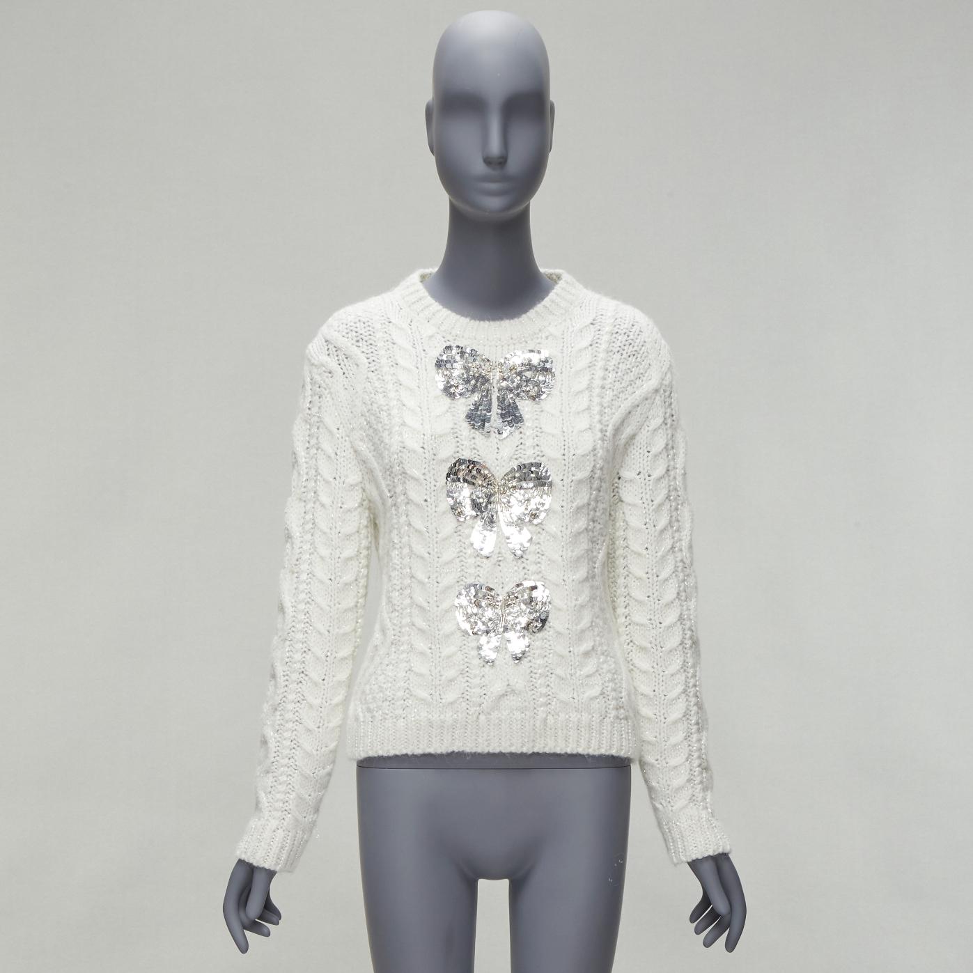 VALENTINO 2021 silver beads sequins bow white lurex cable knit sweater XS For Sale 6
