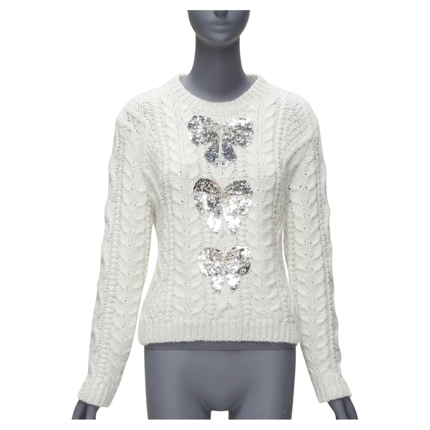 VALENTINO 2021 silver beads sequins bow white lurex cable knit sweater XS For Sale