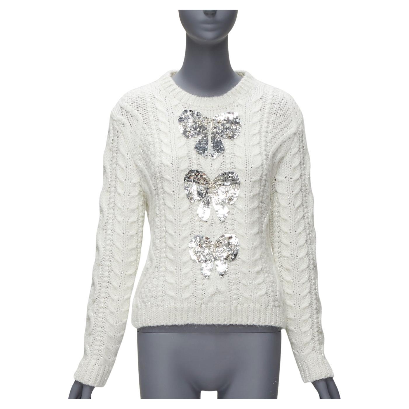 VALENTINO 2021 perlas plateadas lentejuelas lazo blanco lúrex jersey de punto por cable XS en venta