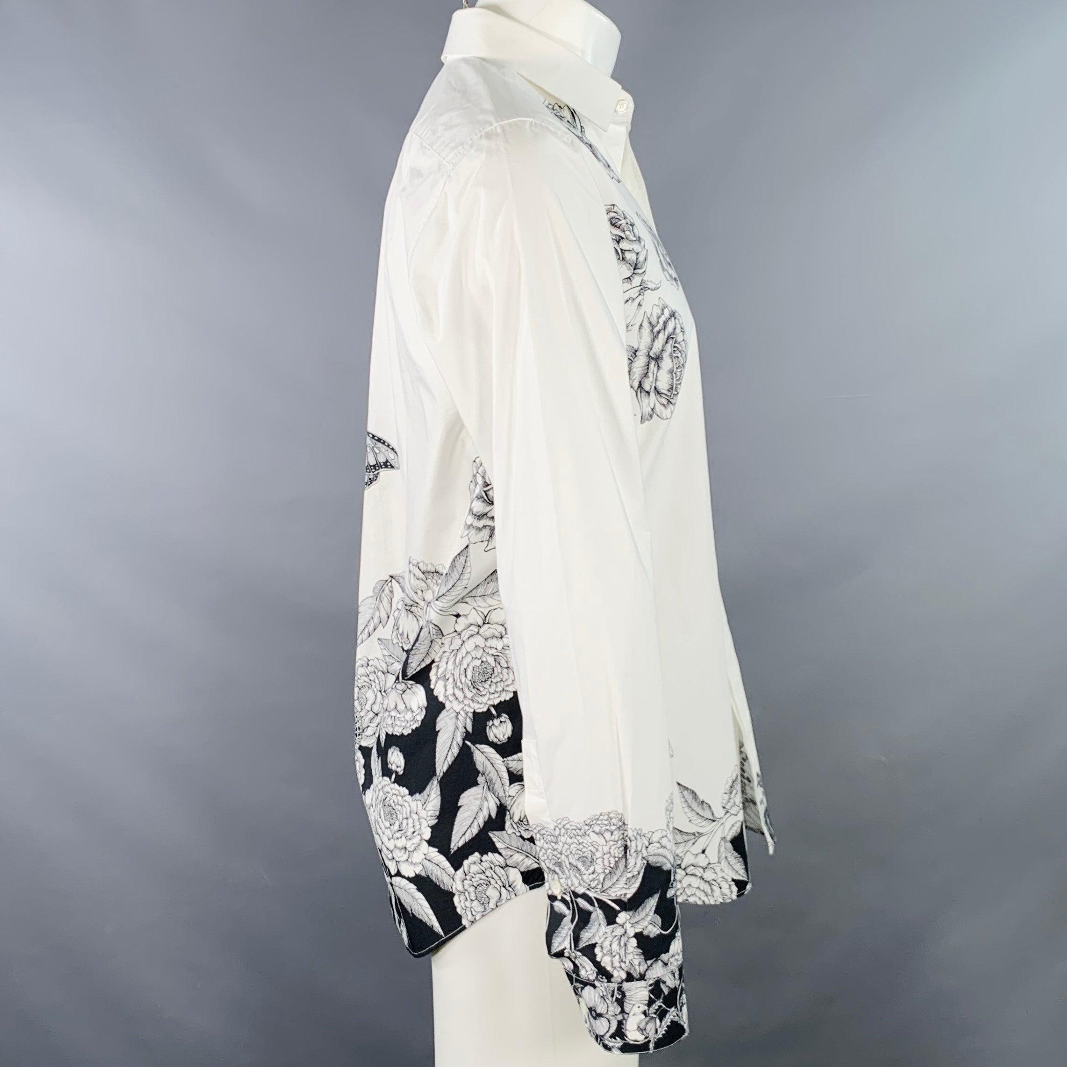 Gris VALENTINO 2021 Taille M Blanc Noir Floral Coton Bouton Up Chemise Manches Longues en vente
