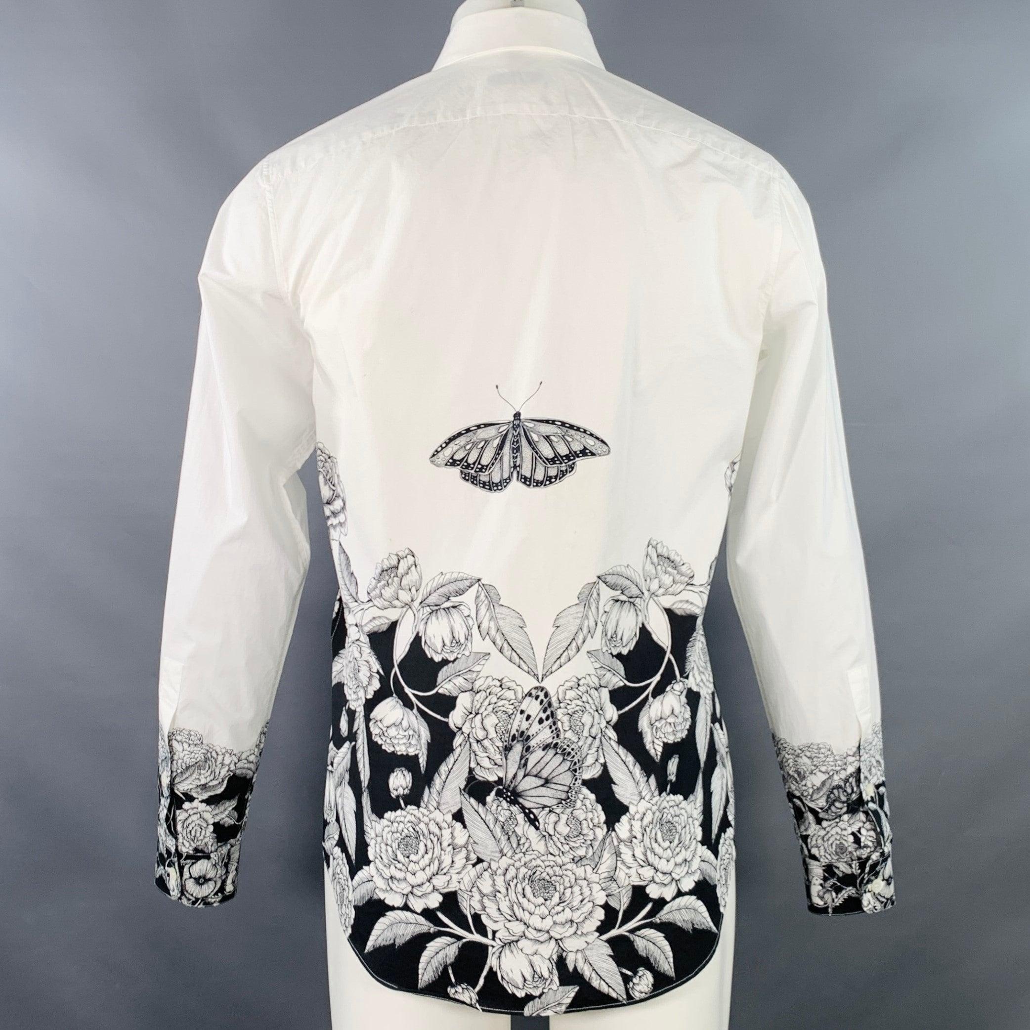 VALENTINO 2021 Taille M Blanc Noir Floral Coton Bouton Up Chemise Manches Longues Excellent état - En vente à San Francisco, CA