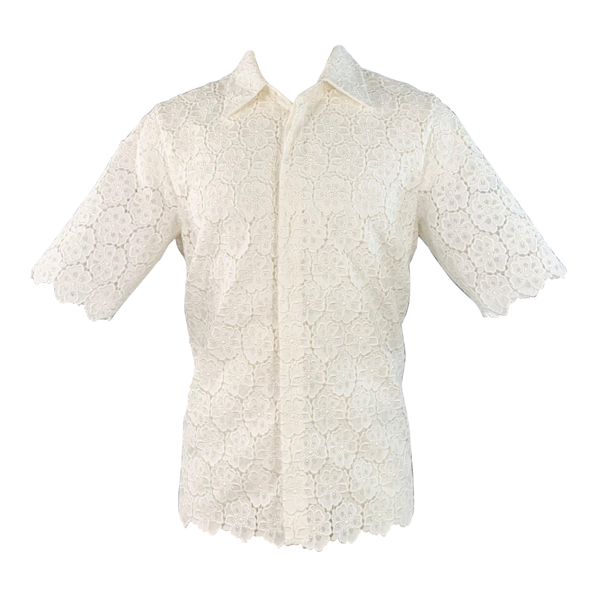 VALENTINO 2021 Taille M Chemise à manches courtes en dentelle blanche et coton mélangé à patte cachée
