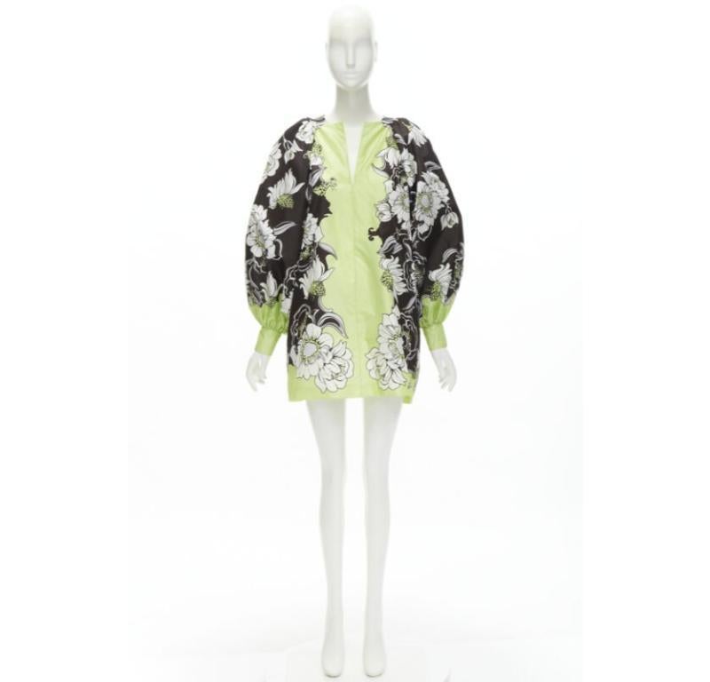 VALENTINO 2022 100% silk green brown floral print puff sleeve short dress IT38 S 8