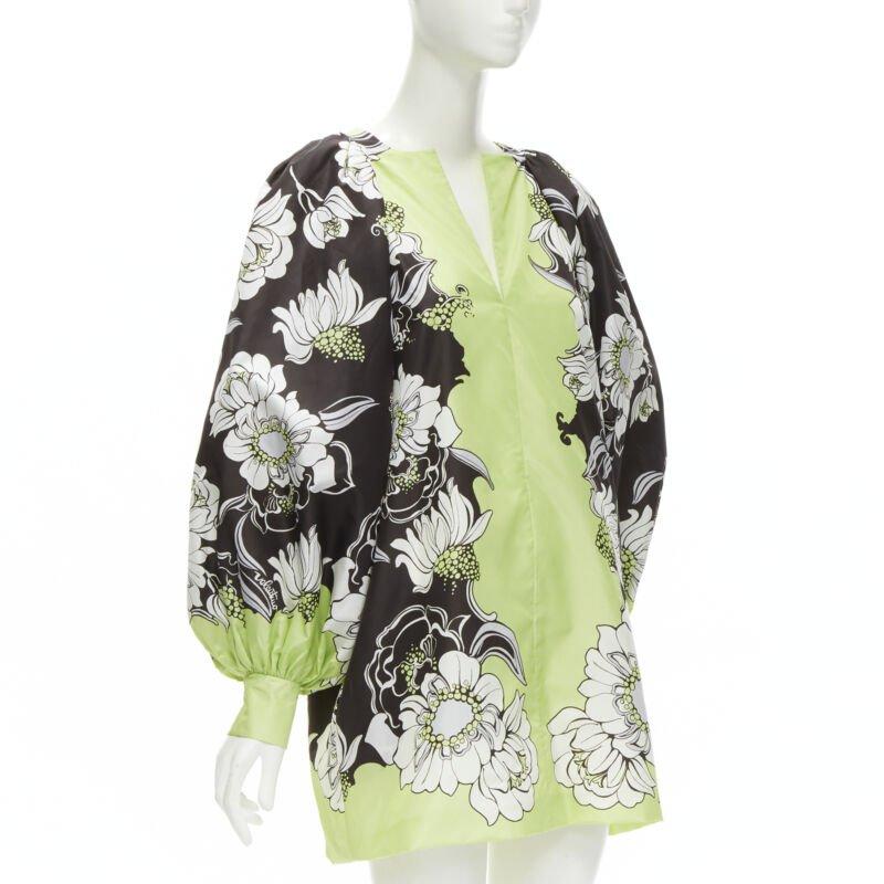 Beige VALENTINO 2022 100% silk green brown floral print puff sleeve short dress IT38 S