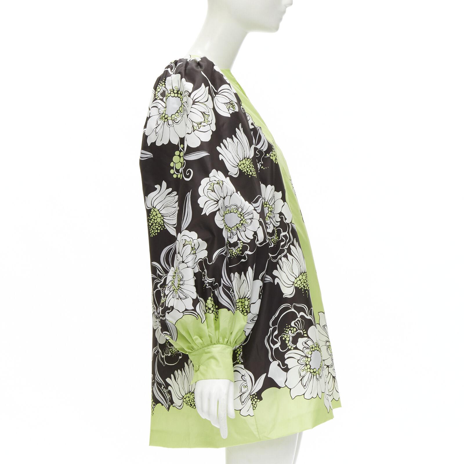 VALENTINO 2022 Kurzes Kleid mit Puffärmeln aus 100 % Seide in Grün und Braun mit Blumendruck IT38 S Damen im Angebot