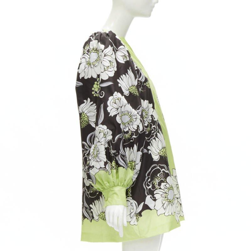 Women's VALENTINO 2022 100% silk green brown floral print puff sleeve short dress IT38 S