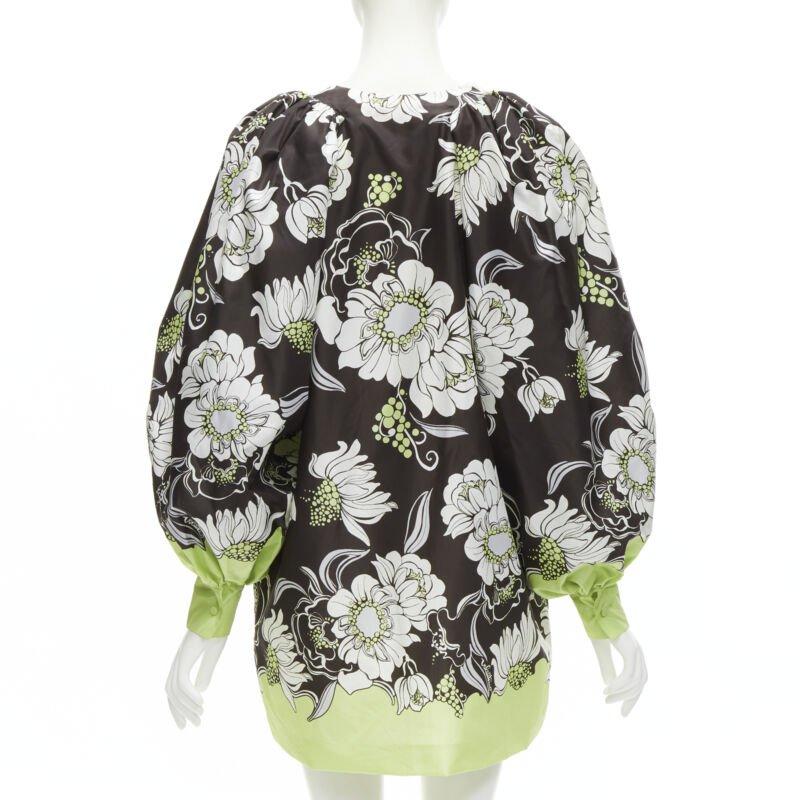 VALENTINO 2022 100% silk green brown floral print puff sleeve short dress IT38 S 1