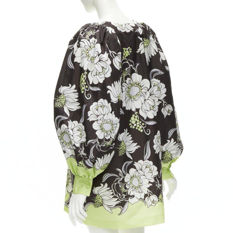 VALENTINO 2022 100% silk green brown floral print puff sleeve short dress IT38 S 2