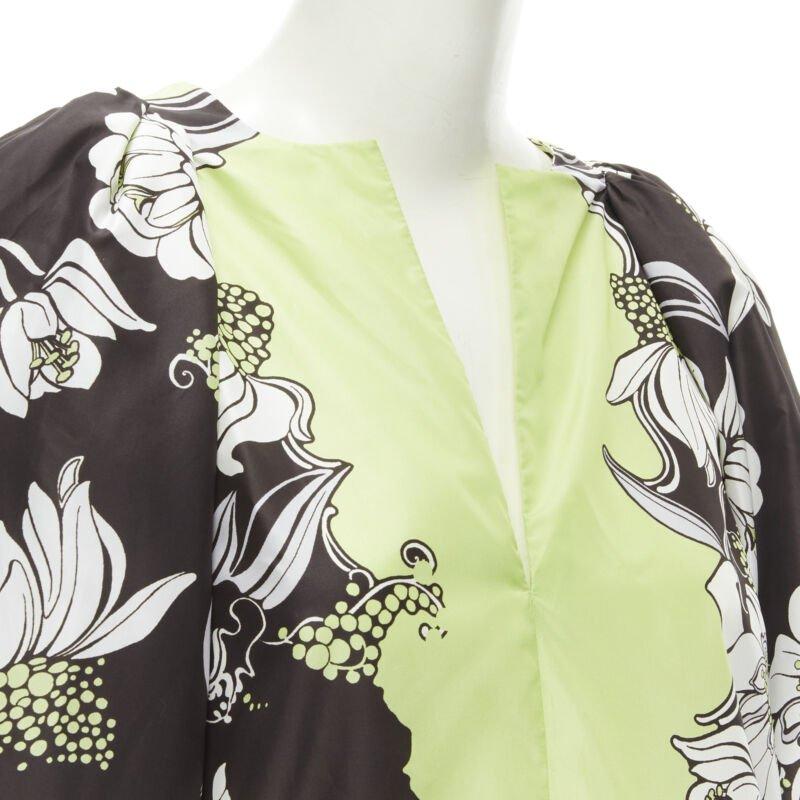 VALENTINO 2022 100% silk green brown floral print puff sleeve short dress IT38 S 3