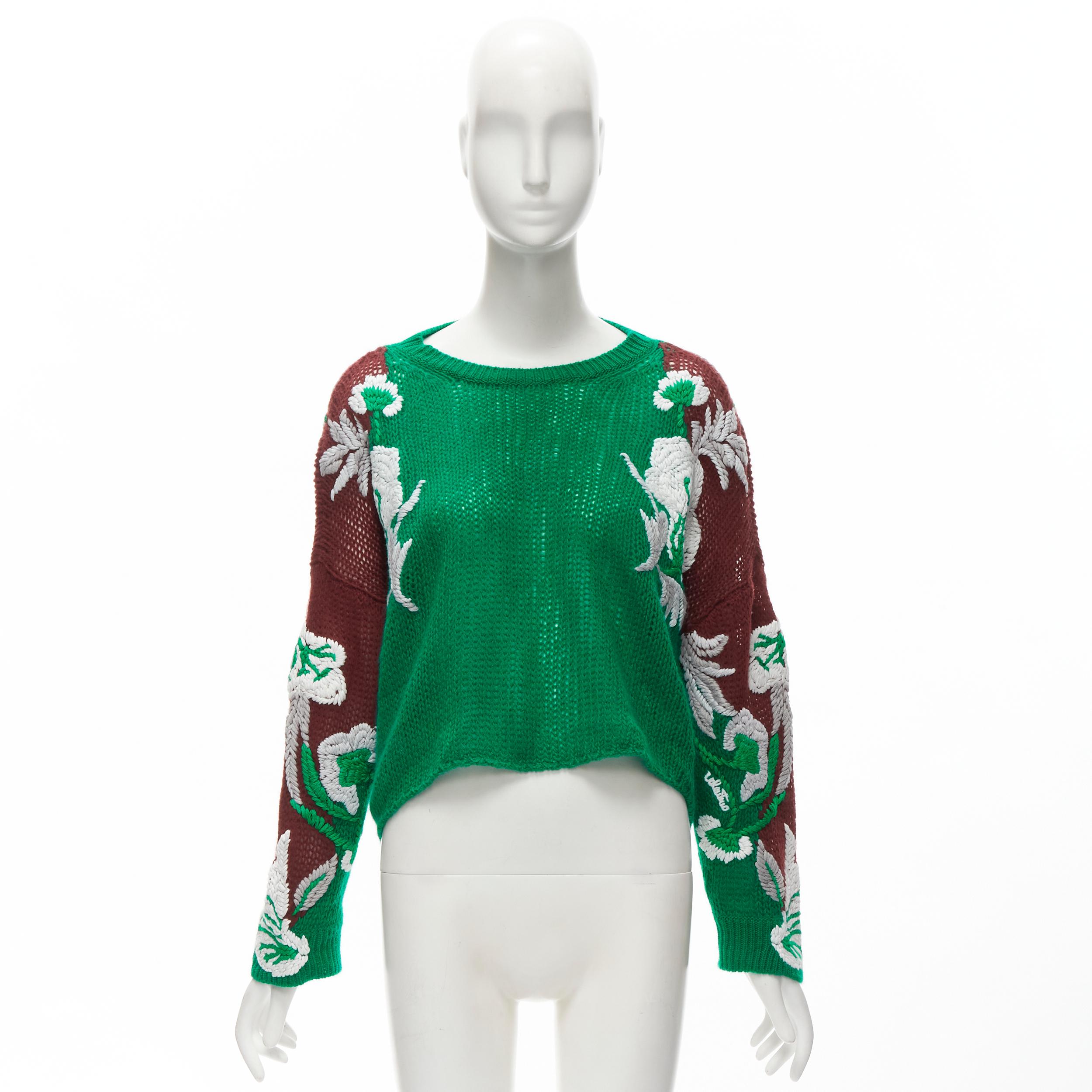 VALENTINO 2022 100% virgin wool green white floral embroidery sleeves sweater S For Sale 3