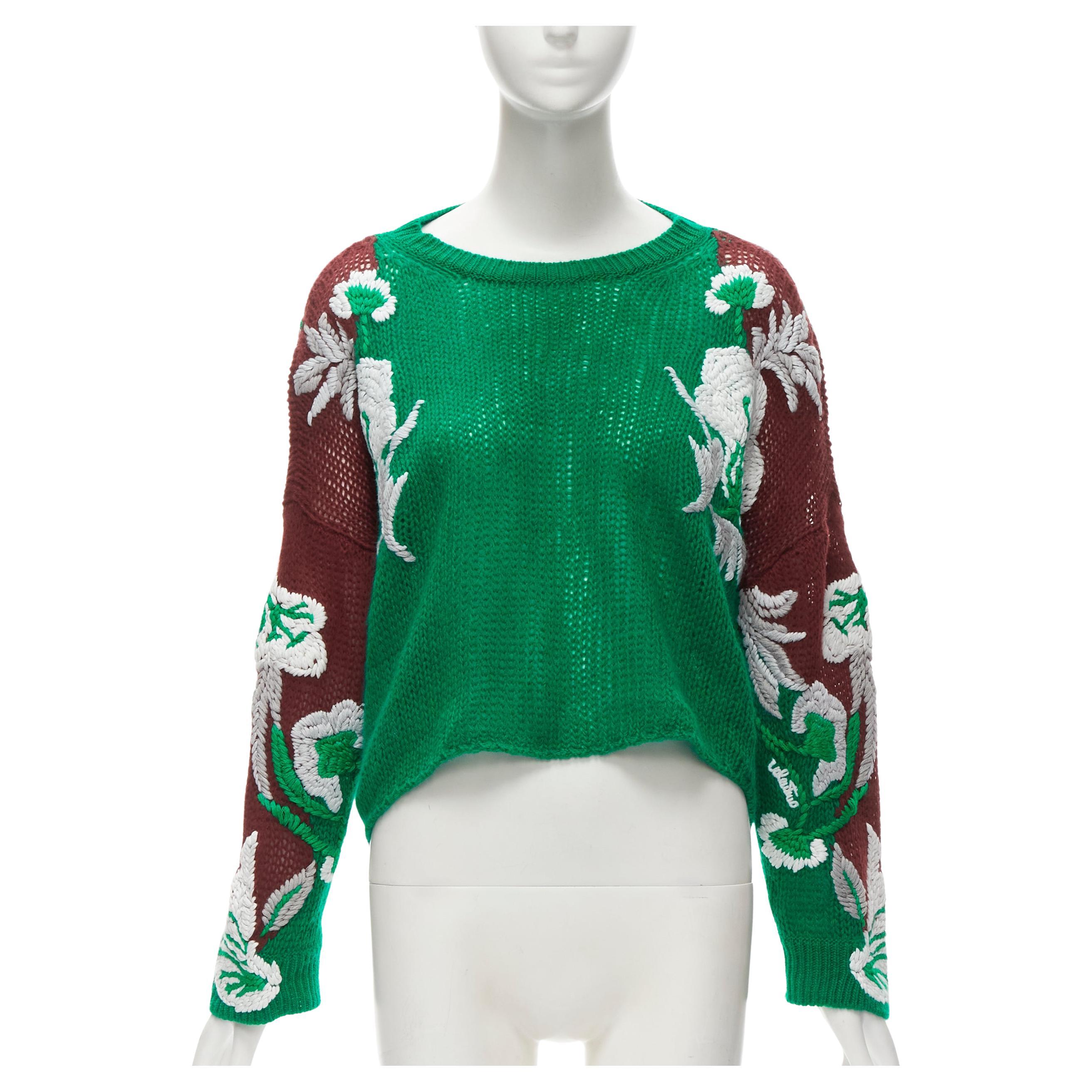 VALENTINO 2022 100% virgin wool green white floral embroidery sleeves sweater S For Sale