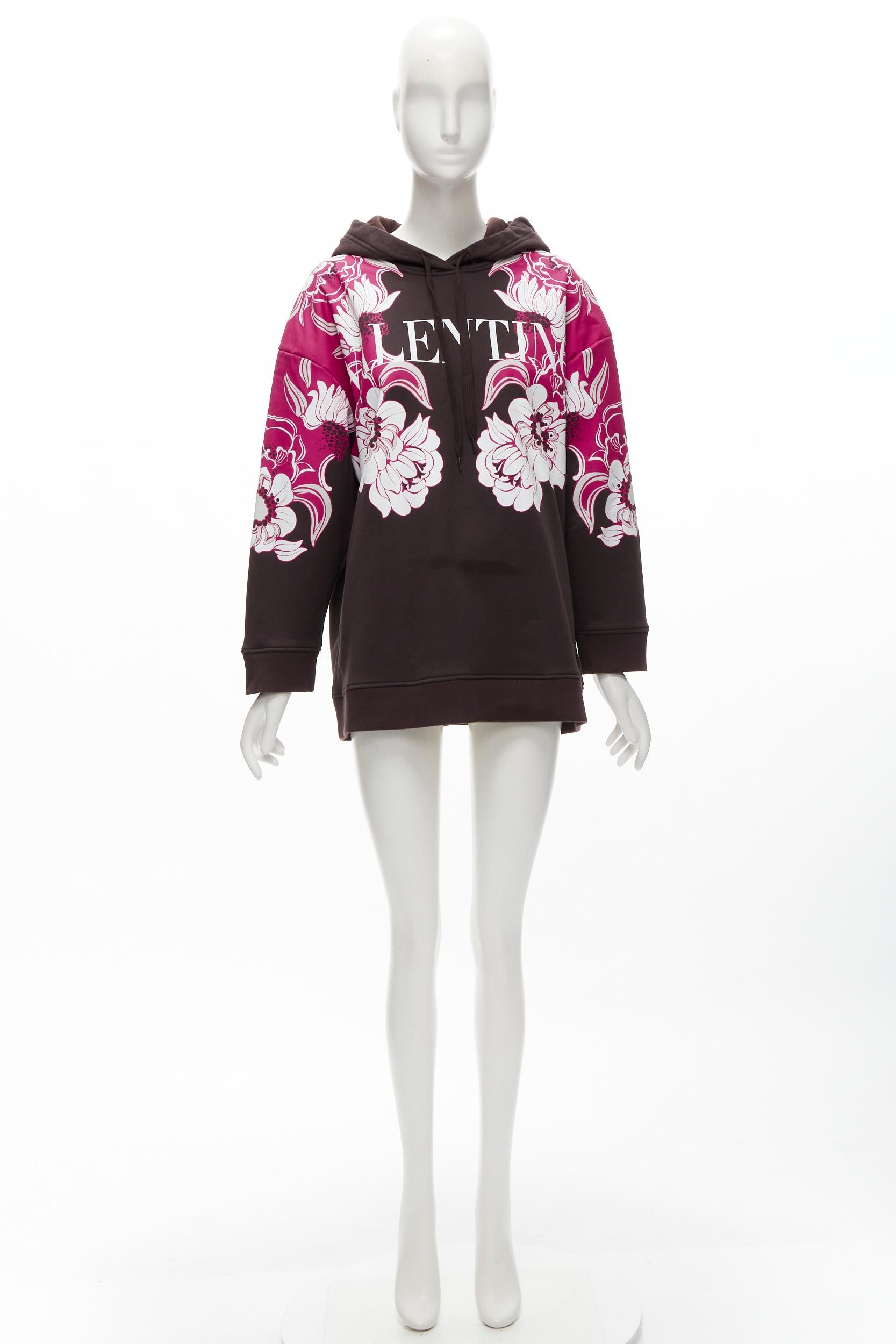 VALENTINO 2022 brown pink floral logo print cotton oversized hoodie S For Sale 7