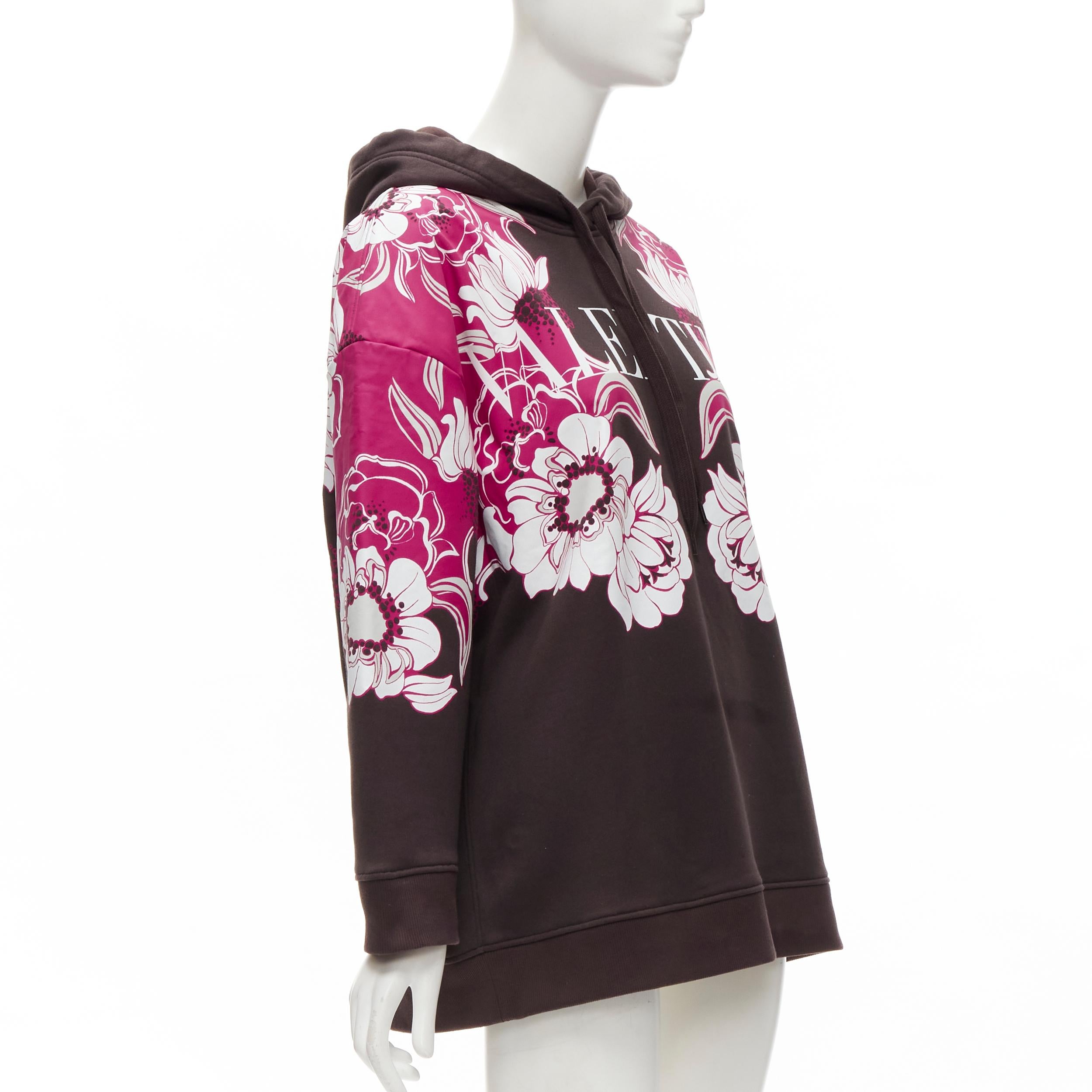 Black VALENTINO 2022 brown pink floral logo print cotton oversized hoodie S For Sale