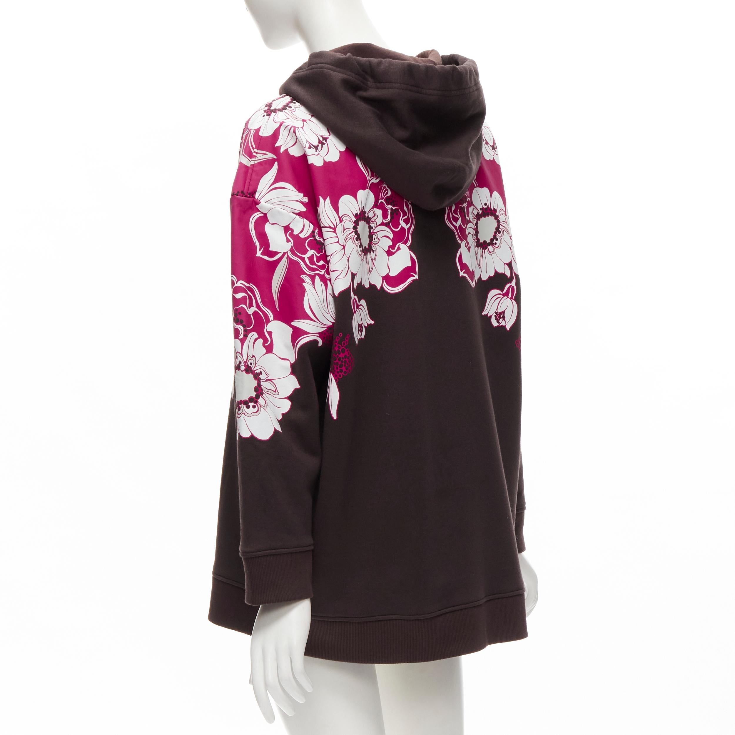 VALENTINO 2022 brown pink floral logo print cotton oversized hoodie S For Sale 2