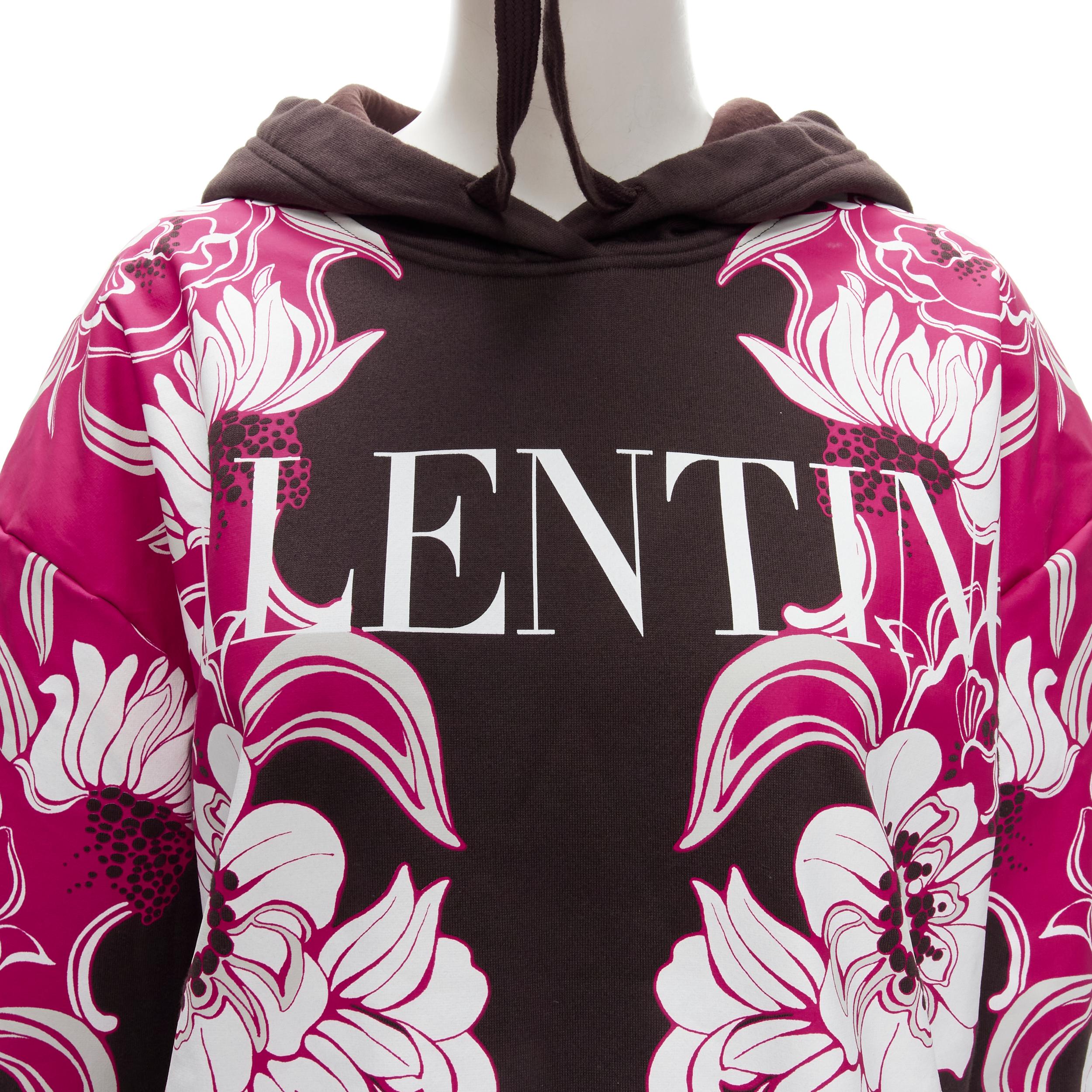 VALENTINO 2022 brown pink floral logo print cotton oversized hoodie S For Sale 3
