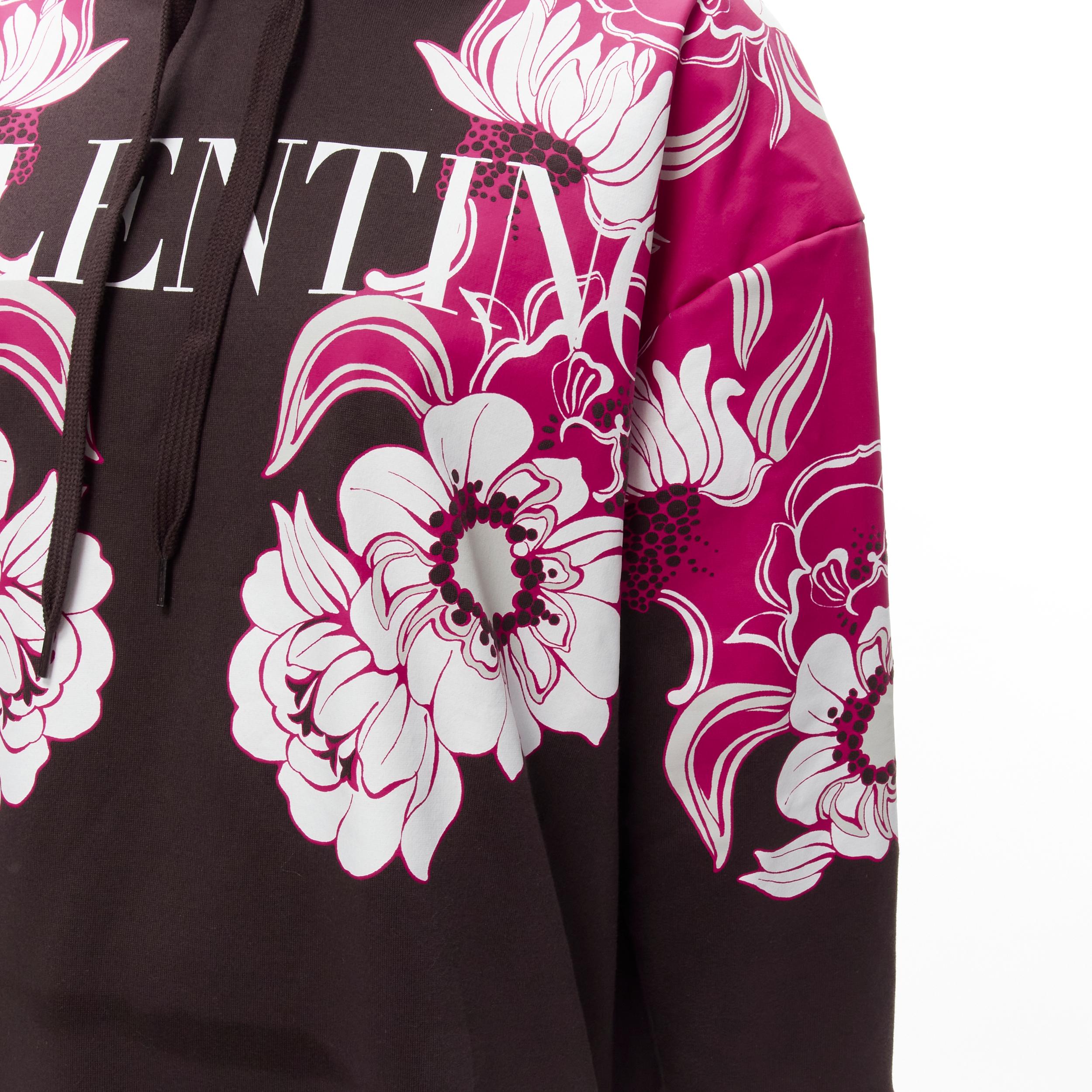 VALENTINO 2022 brown pink floral logo print cotton oversized hoodie S For Sale 4