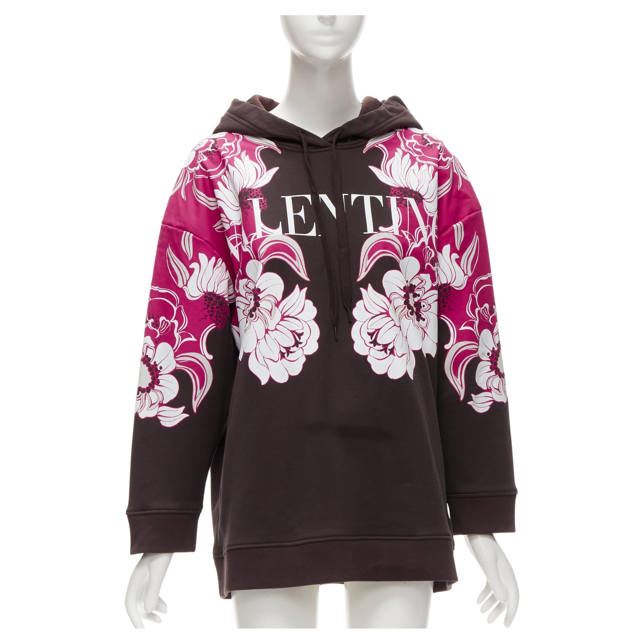 VALENTINO 2022 brown pink floral logo print cotton oversized hoodie S For Sale