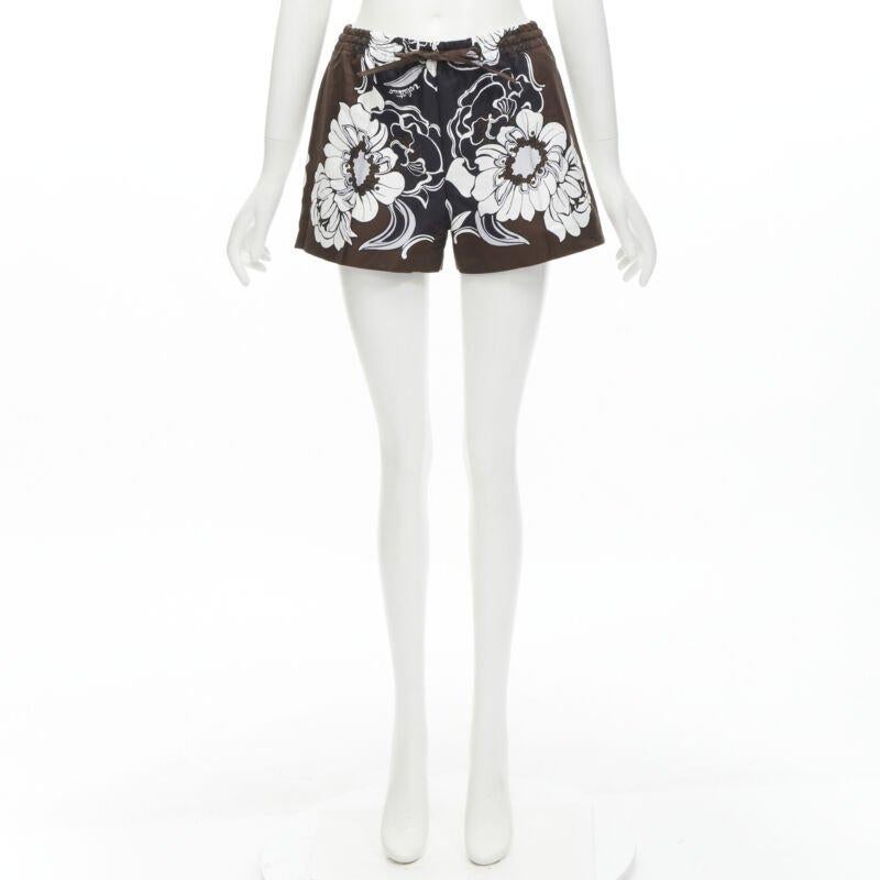 VALENTINO 2022 cotton silk brown black floral pleated drawstring shorts IT36 XS For Sale 7